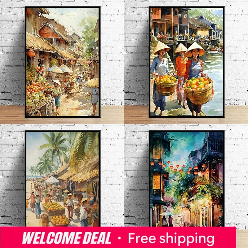 Home Decor Market - Vietnamese Village Poster Asian Market Scene