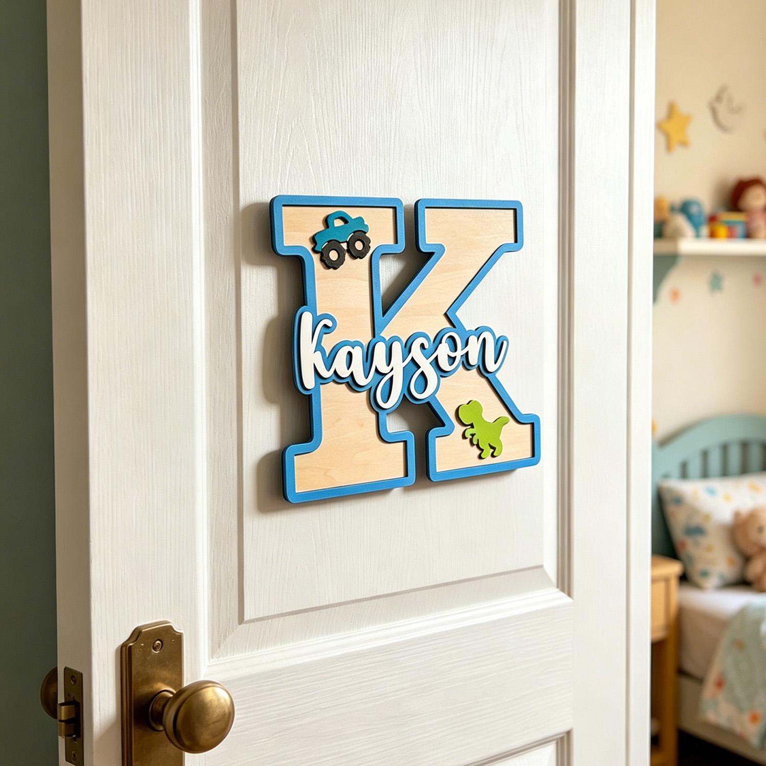 Home Decor Brand - 1pc Wooden Surname Brand with Dinosaur