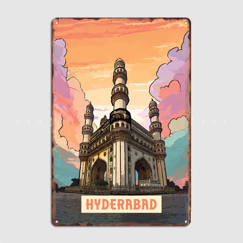 Home Decor Hyderabad - Hyderabad Vintage City Travel Poster Metal